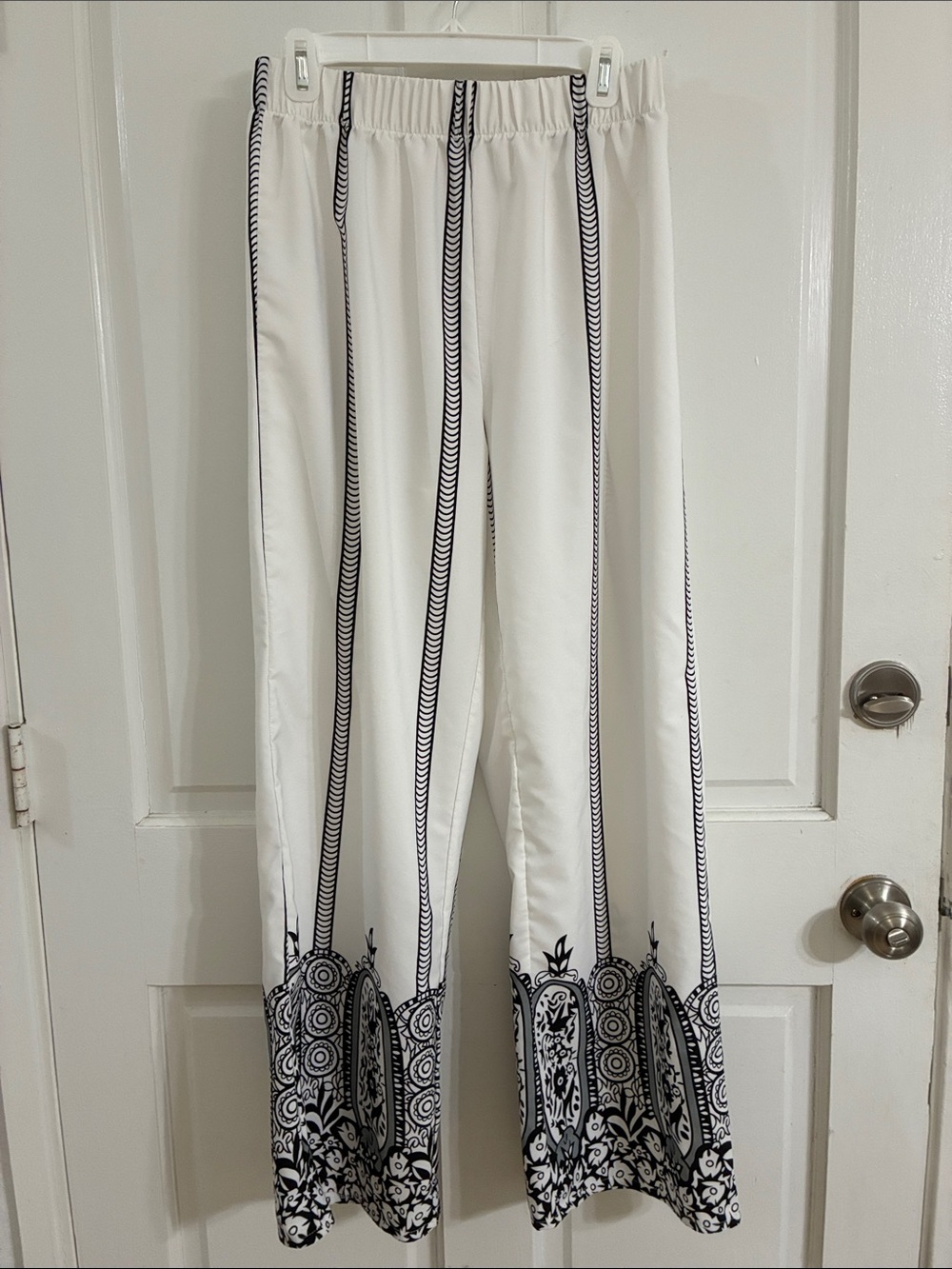 White Wide-Leg Printed Palazzo Pants with Black Border